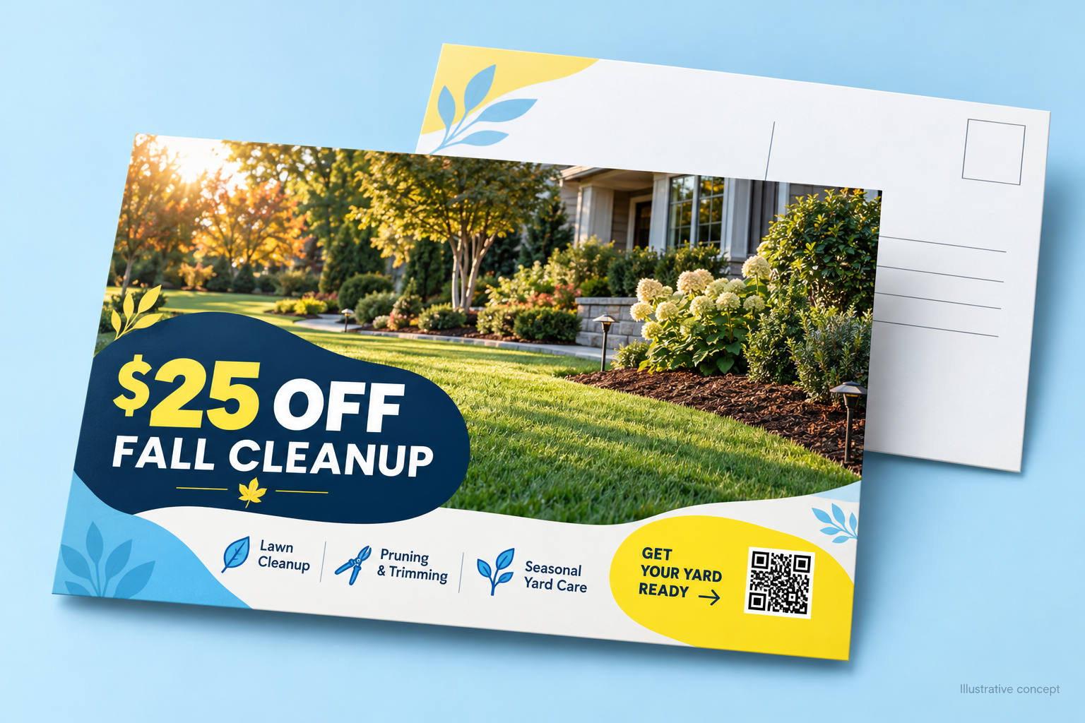 Landscaping postcard example showing a seasonal fall cleanup offer